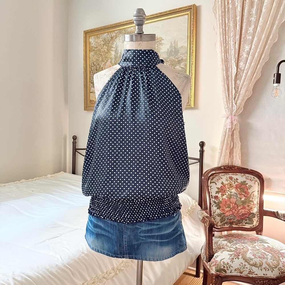 Y2K Forever size large navy blue and white polka dot halter top